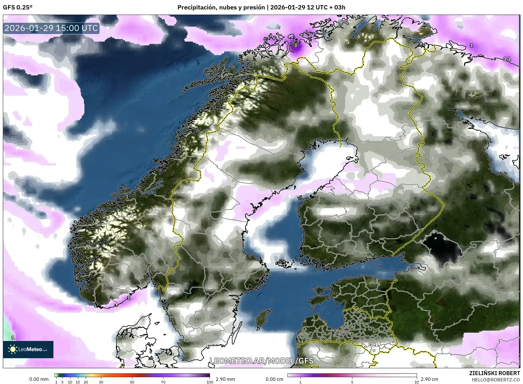 GFS model - Escandinávia, Precipitação, nuvens e pressão