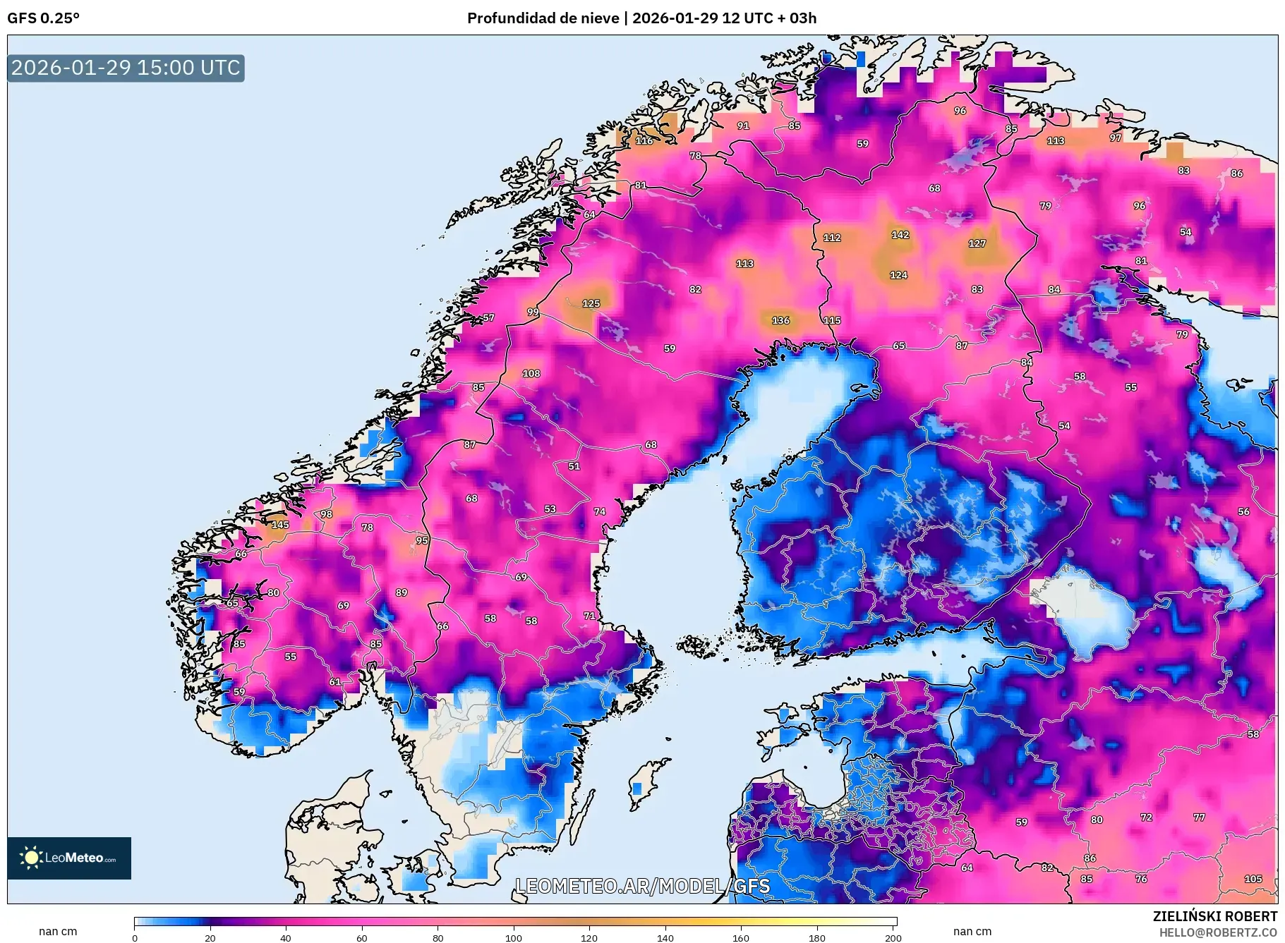 GFS model - Escandinávia, Profundidade da neve