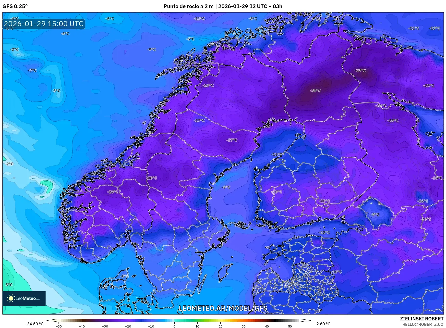 GFS model - Escandinávia, Ponto de orvalho a 2 m