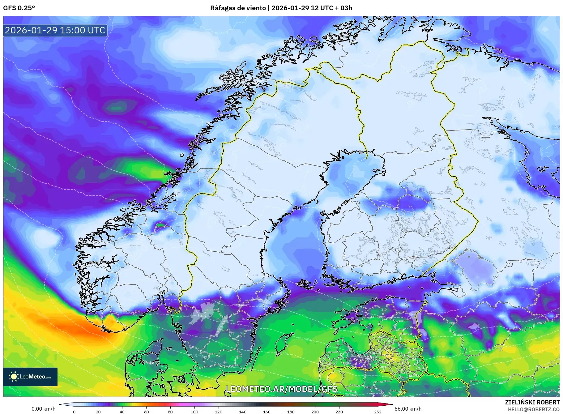 GFS model - Escandinávia, Rajadas de vento