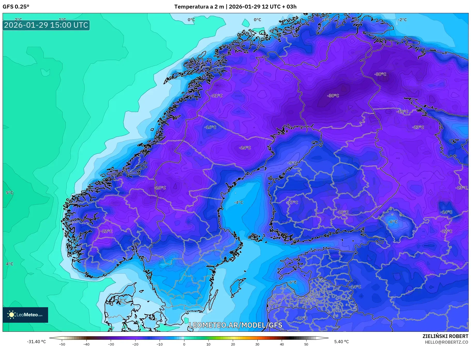 GFS model - Escandinávia, Temperatura a 2 m