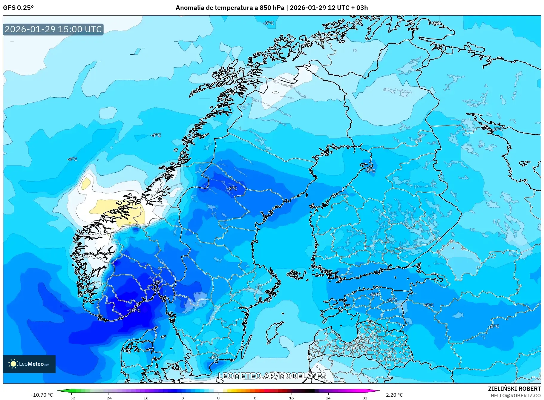 GFS model - Escandinávia, Anomalia de temperatura a 850 hPa