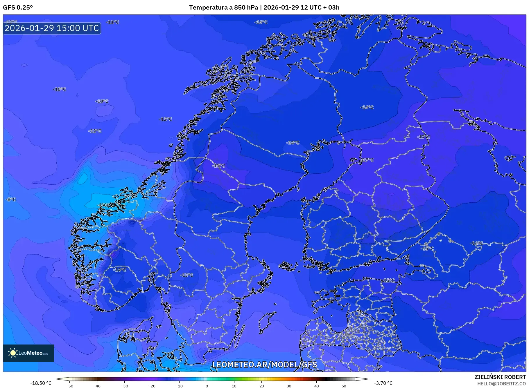GFS model - Escandinávia, Temperatura a 850 hPa