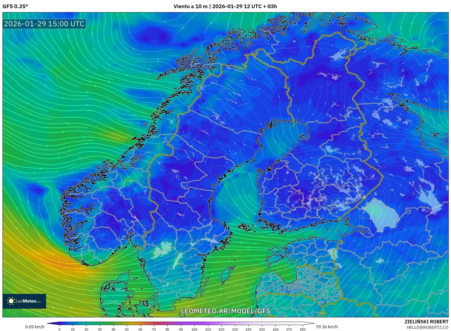 GFS model - Escandinávia, Vento a 10 m