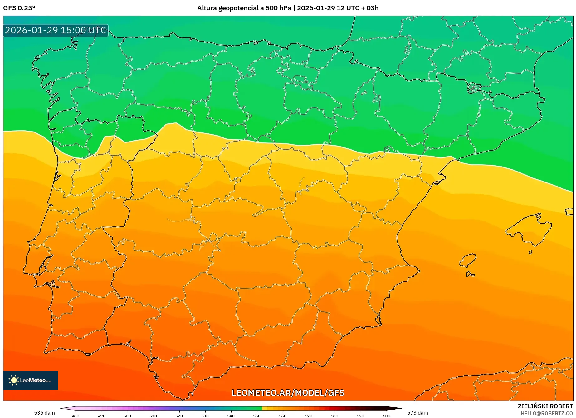 GFS model - Espanha, Altura geopotencial a 500 hPa