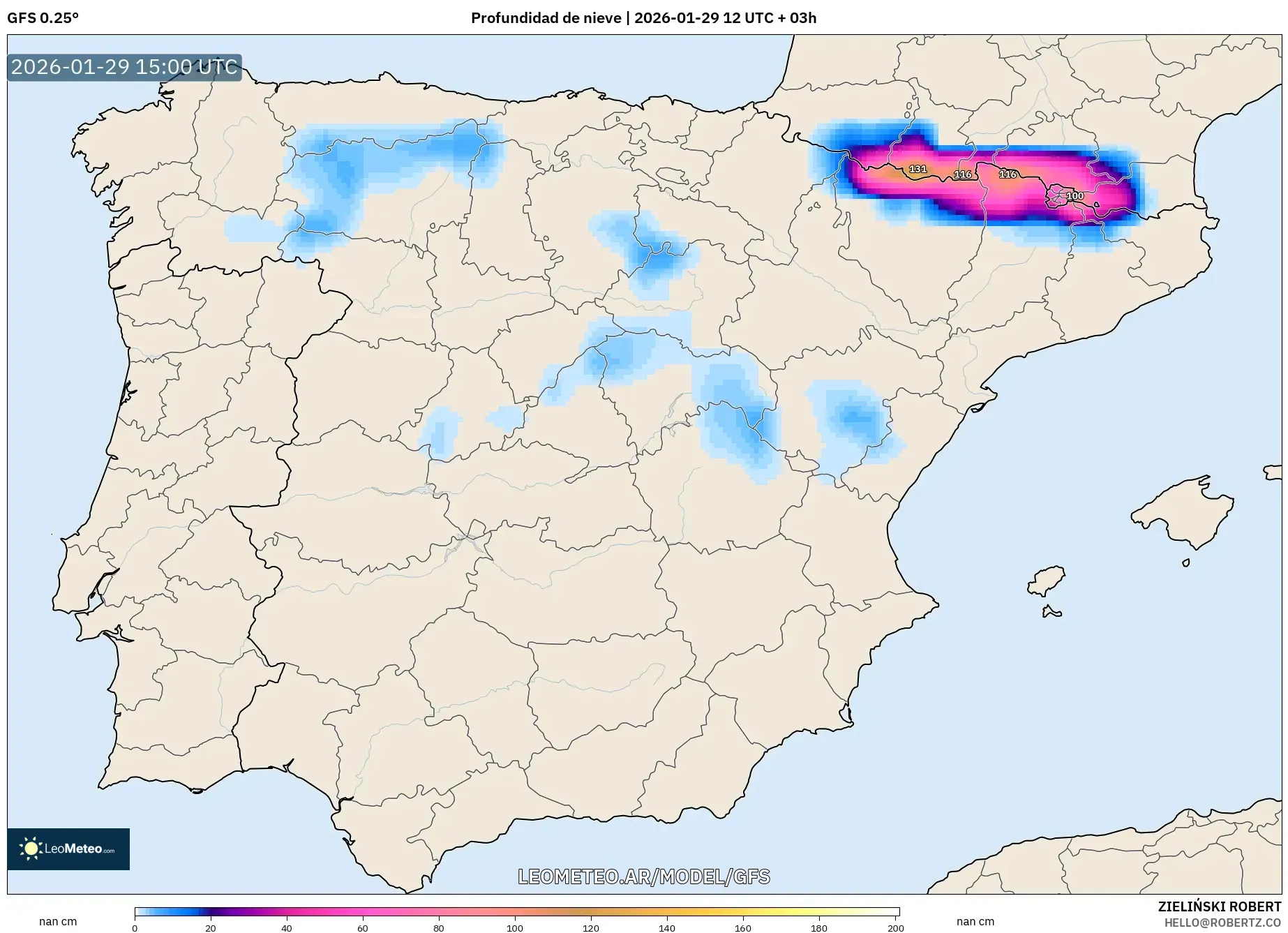 GFS model - Espanha, Profundidade da neve