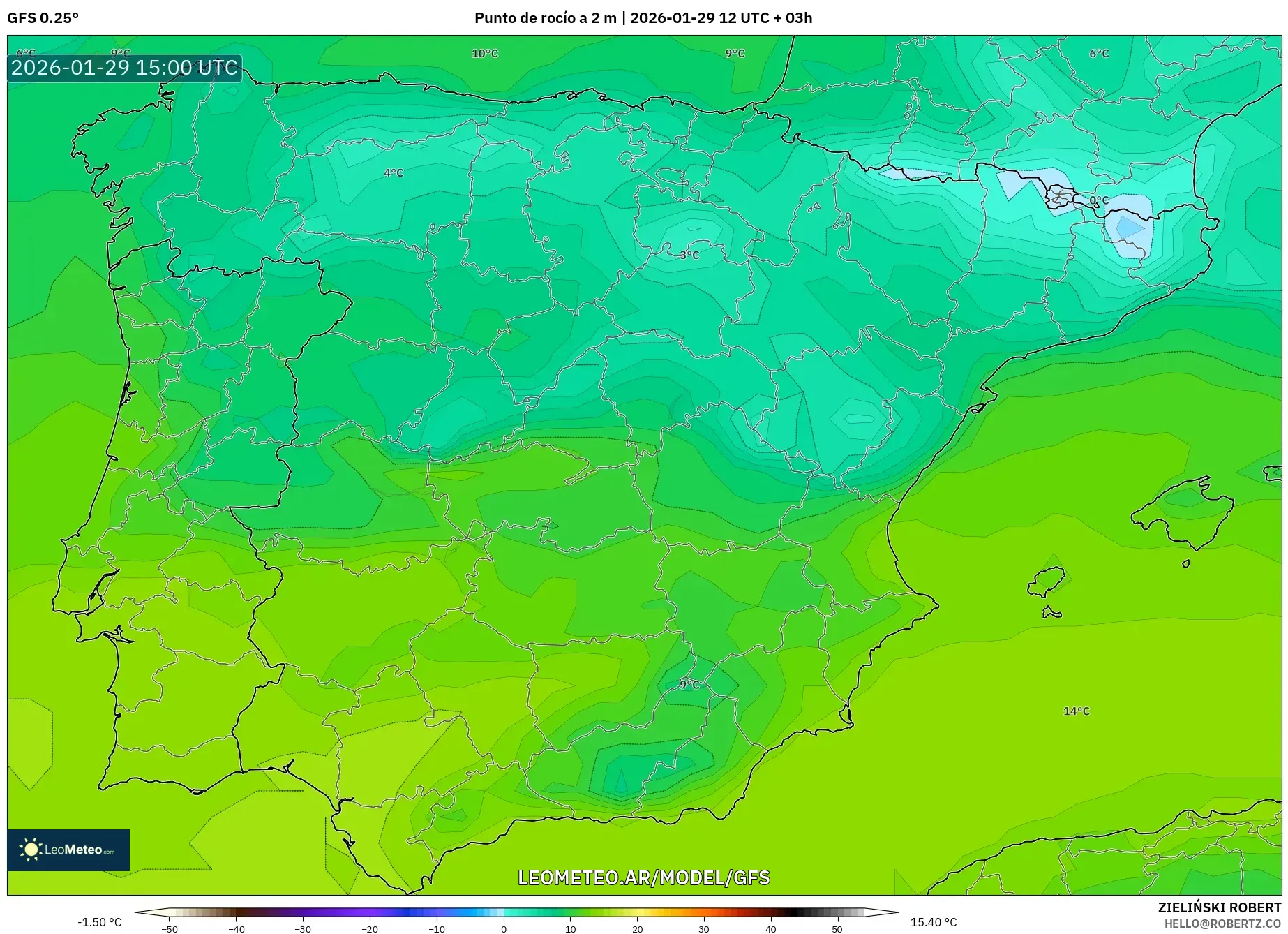 GFS model - Espanha, Ponto de orvalho a 2 m