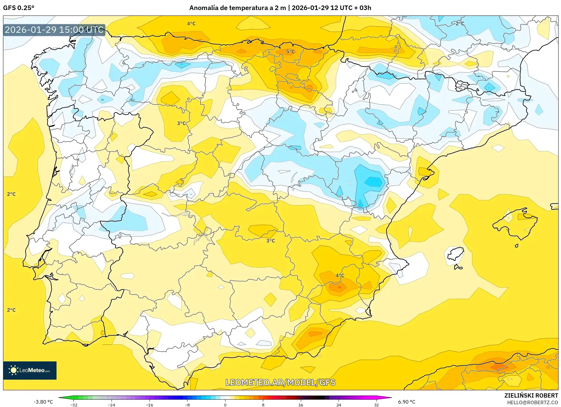 GFS model - Espanha, Anomalia de temperatura a 2 m