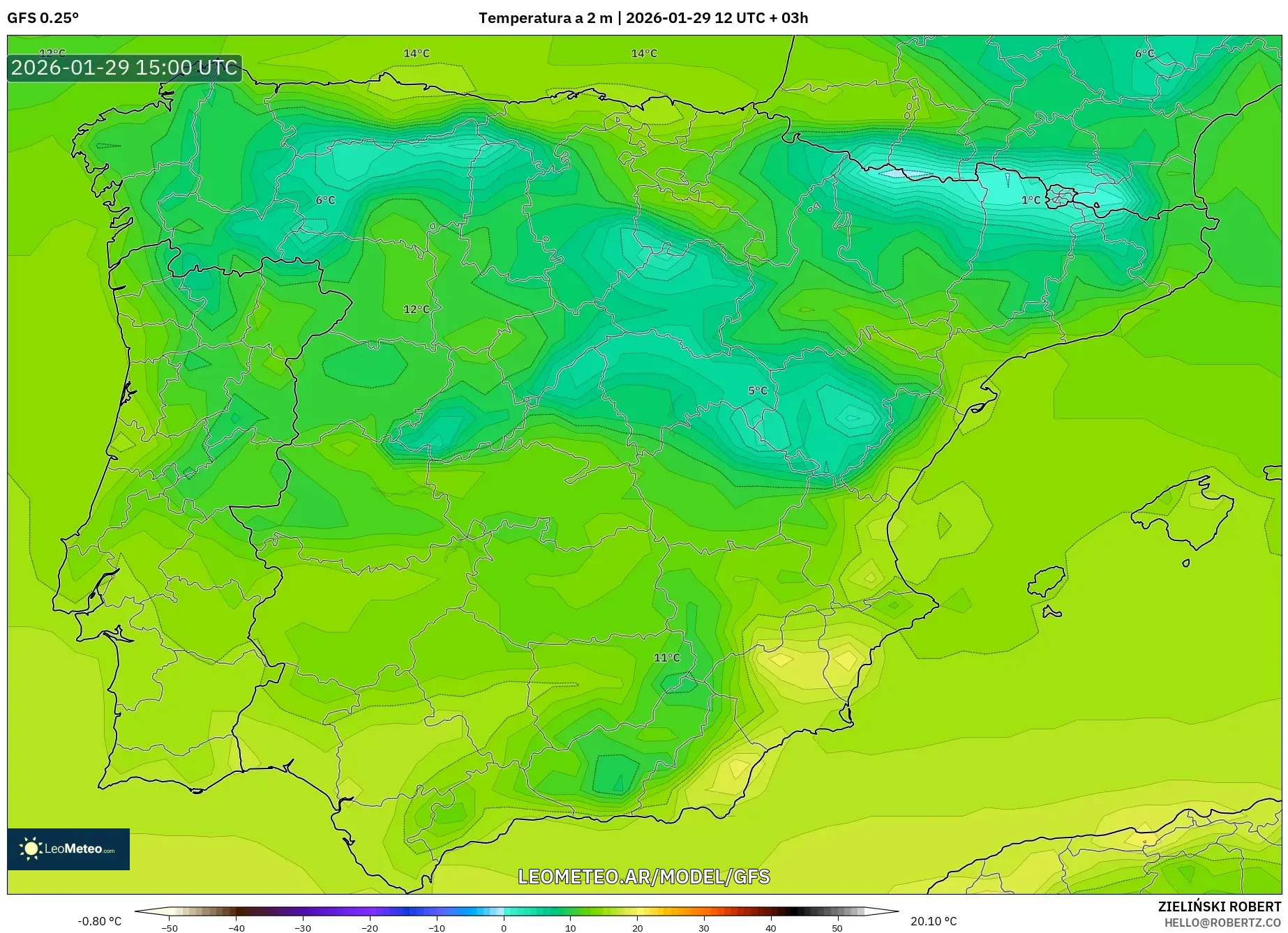 GFS model - Espanha, Temperatura a 2 m
