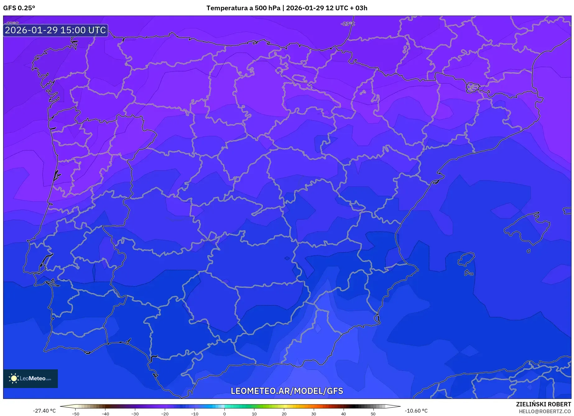 GFS model - Espanha, Temperatura a 500 hPa