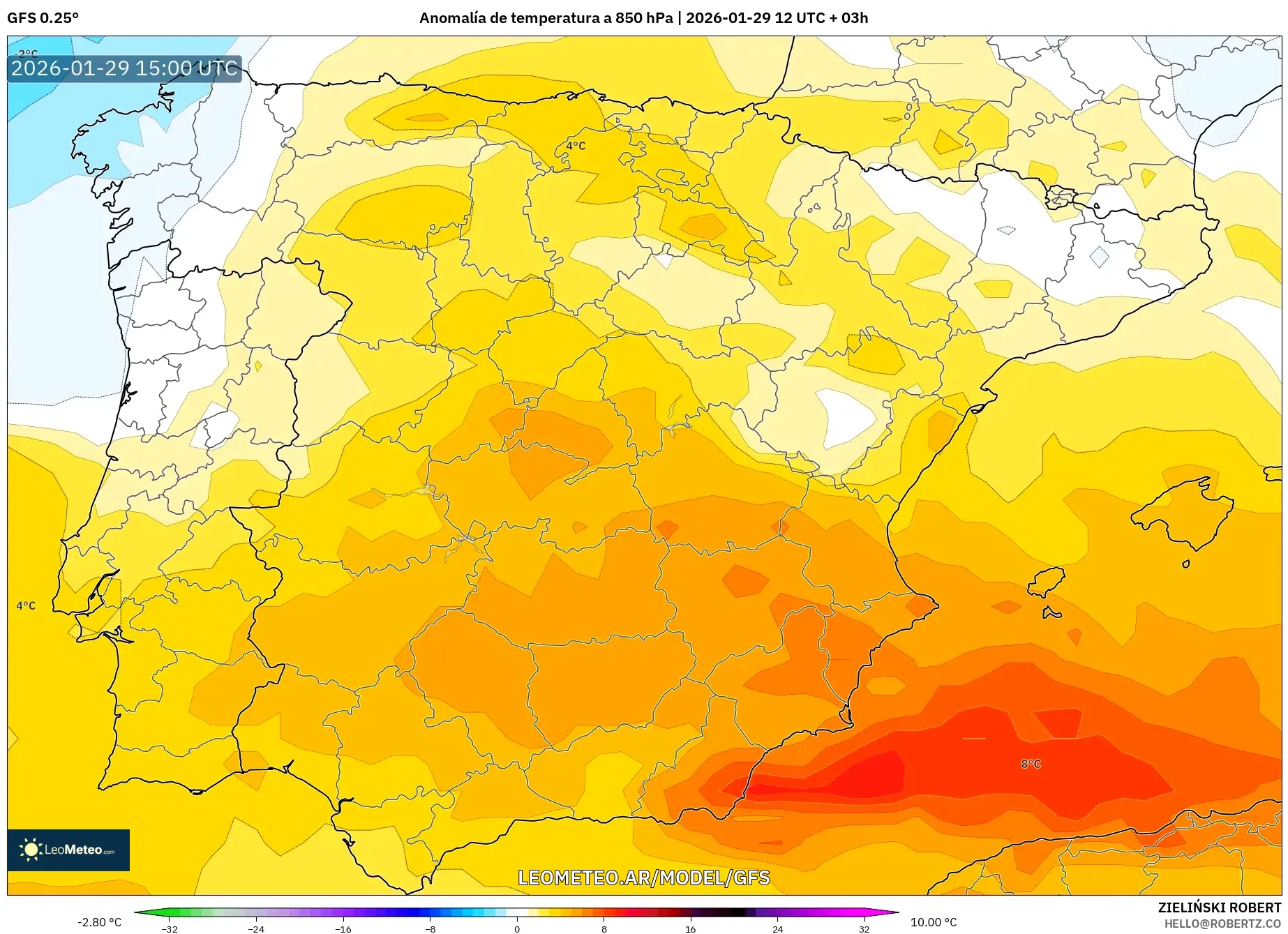GFS model - Espanha, Anomalia de temperatura a 850 hPa