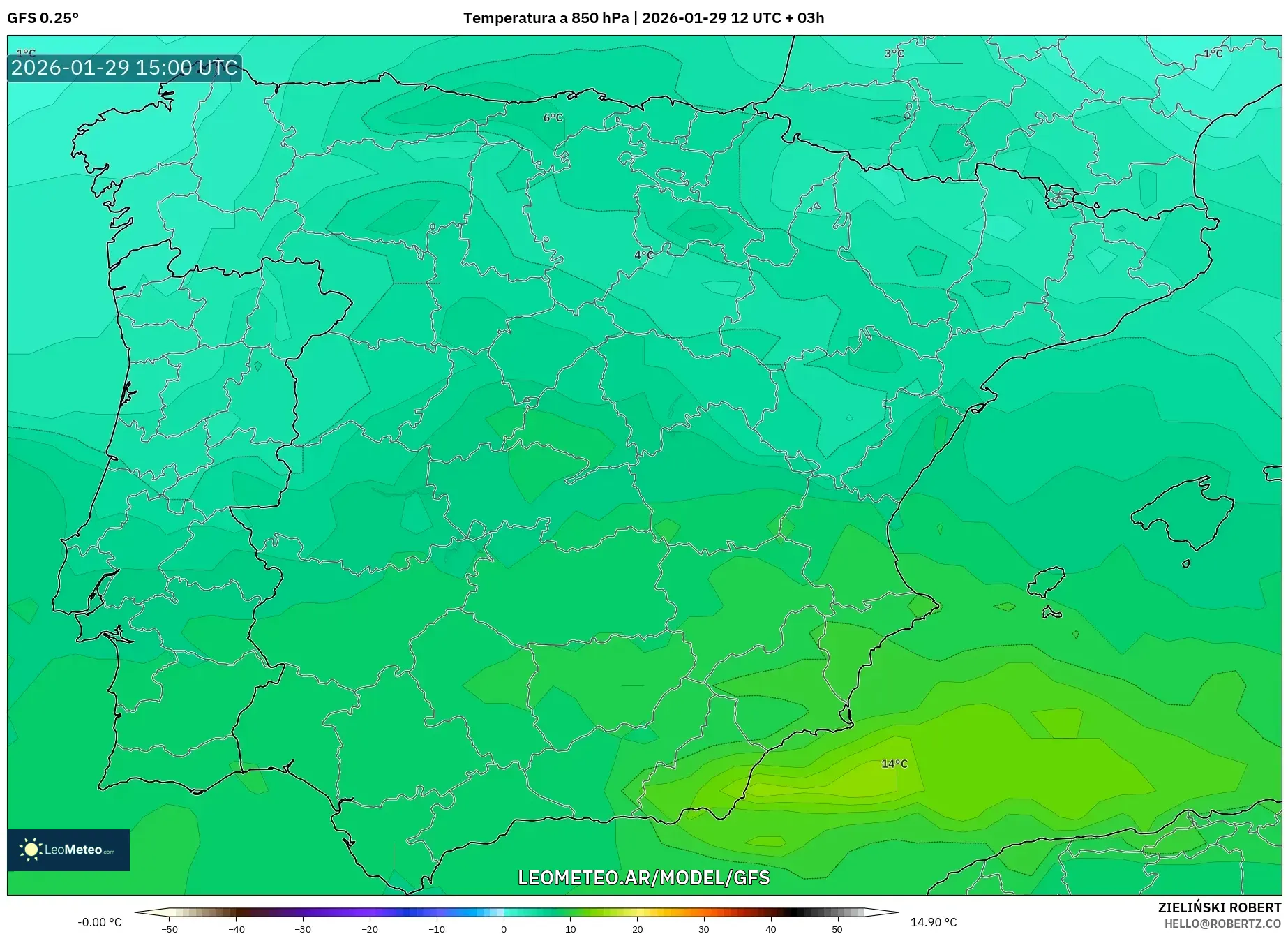 GFS model - Espanha, Temperatura a 850 hPa
