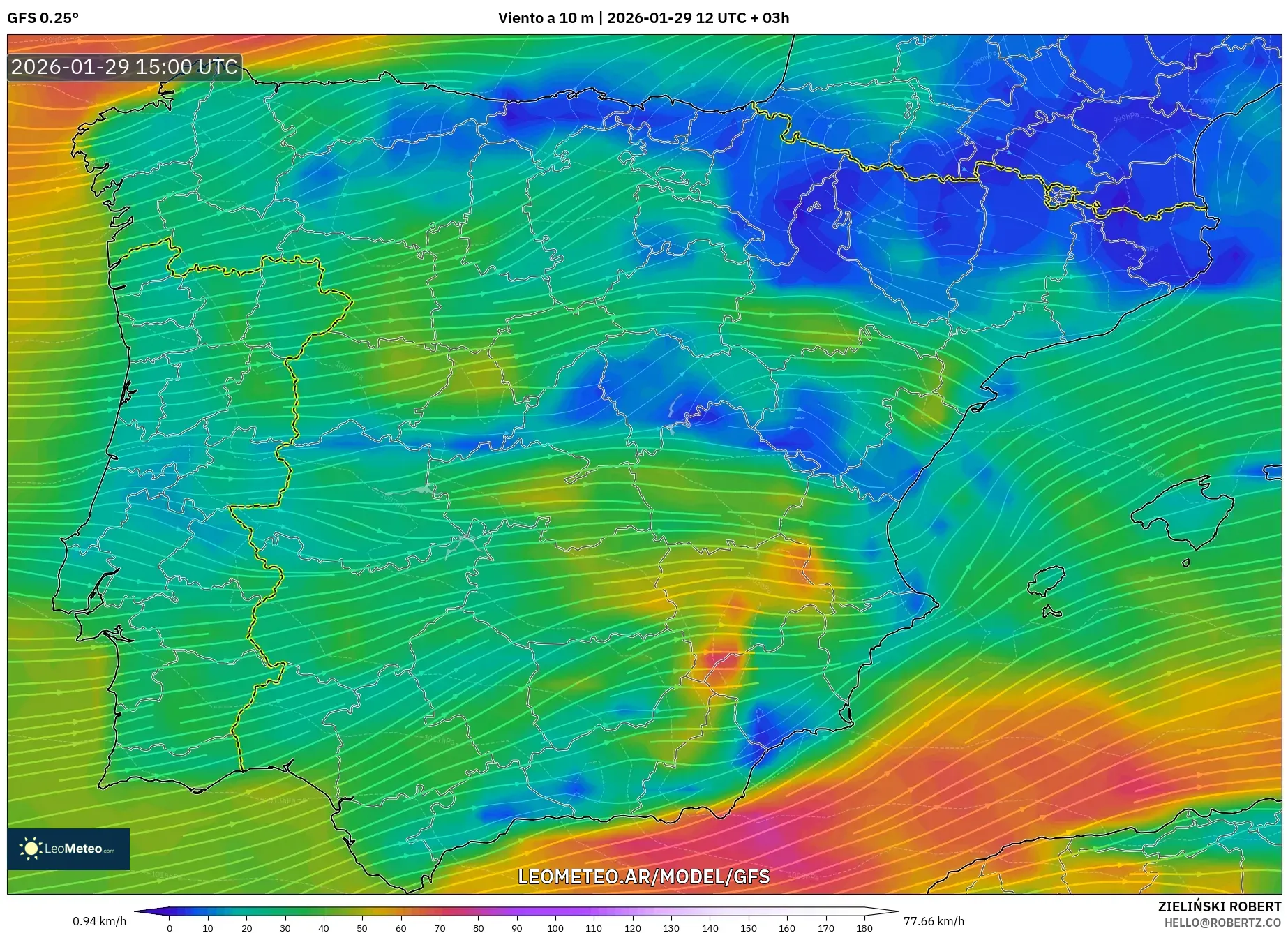 GFS model - Espanha, Vento a 10 m