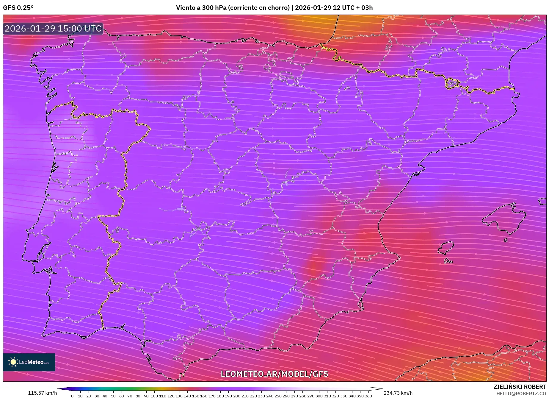GFS model - Espanha, Vento a 300 hPa (corrente em jato)