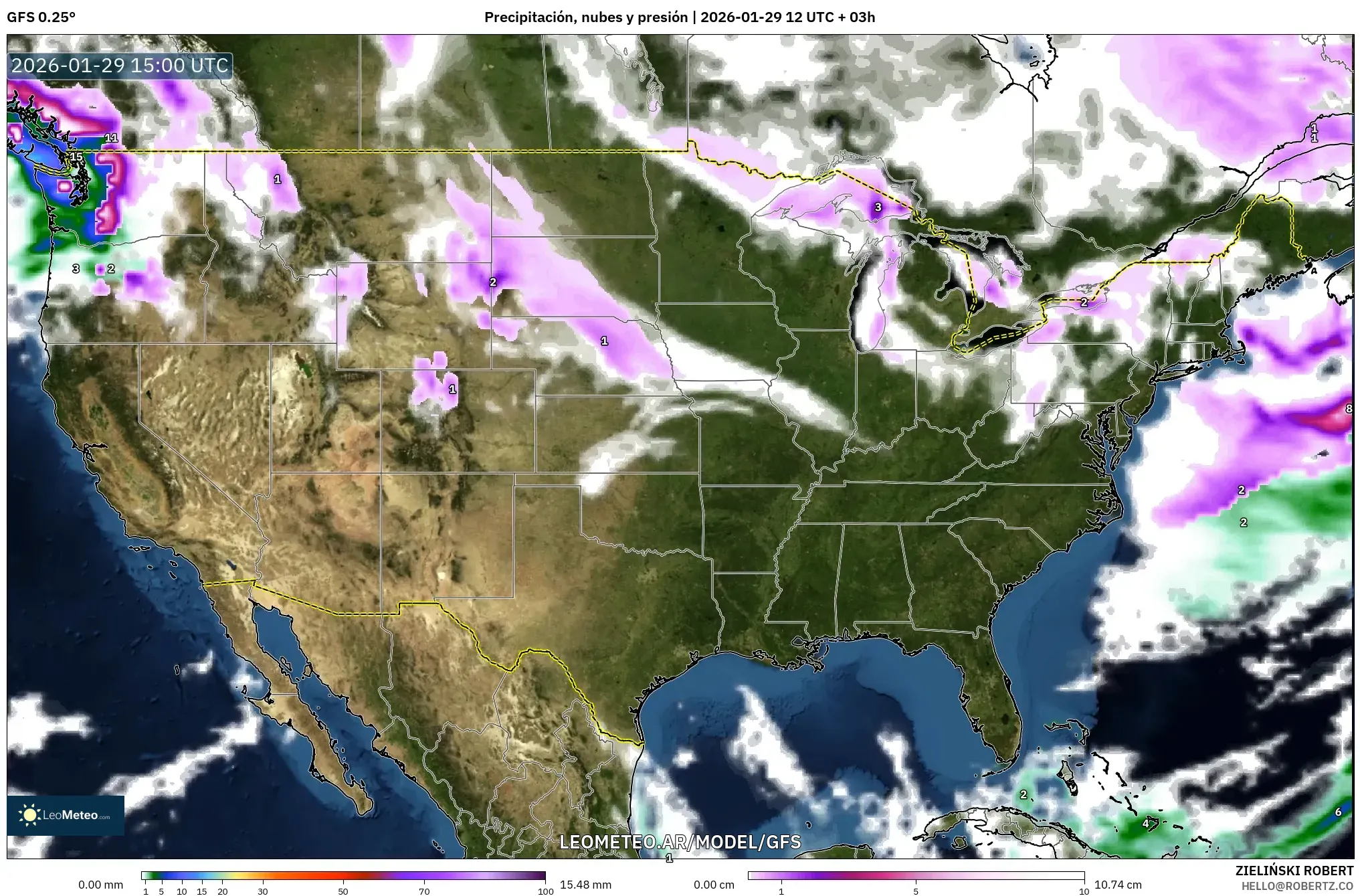 GFS model - Estados Unidos, Precipitação, nuvens e pressão