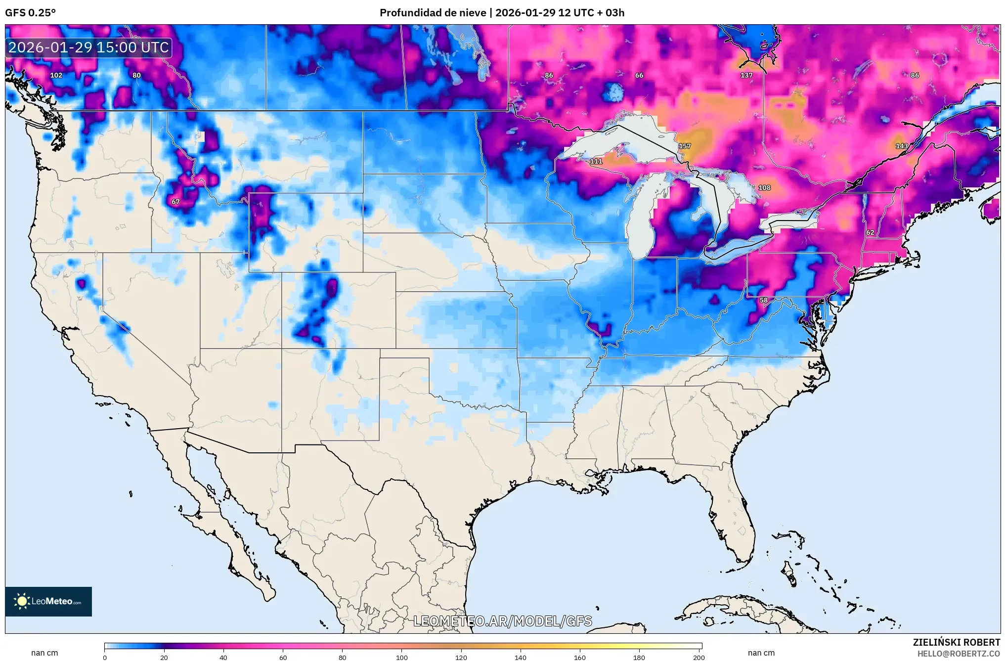 GFS model - Estados Unidos, Profundidade da neve