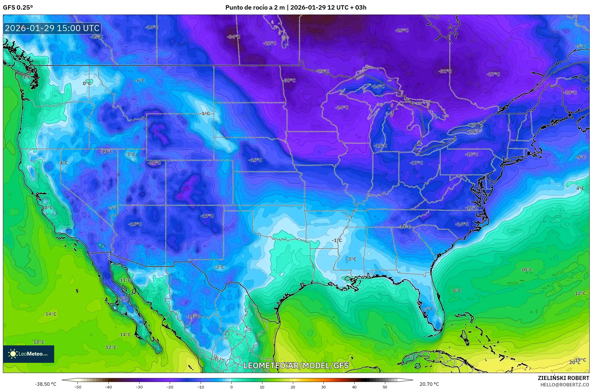 GFS model - Estados Unidos, Ponto de orvalho a 2 m