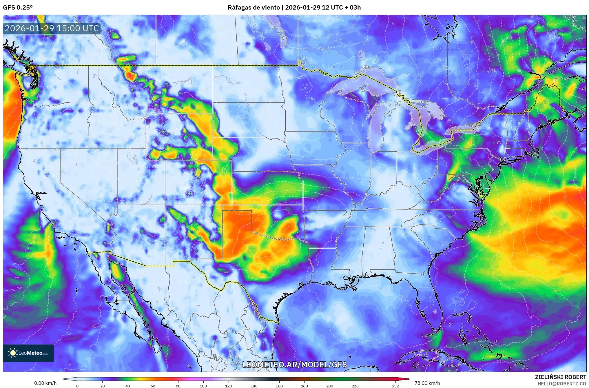 GFS model - Estados Unidos, Rajadas de vento