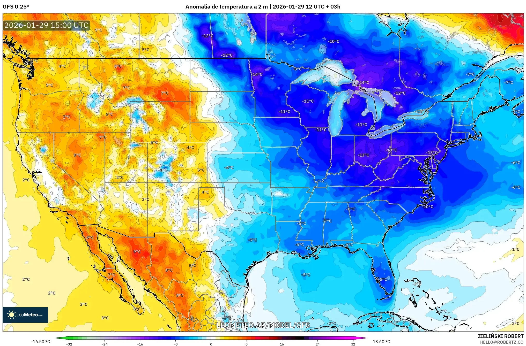 GFS model - Estados Unidos, Anomalia de temperatura a 2 m