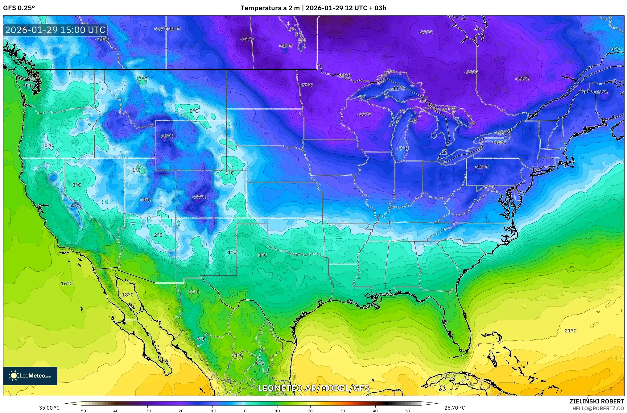 GFS model - Estados Unidos, Temperatura a 2 m