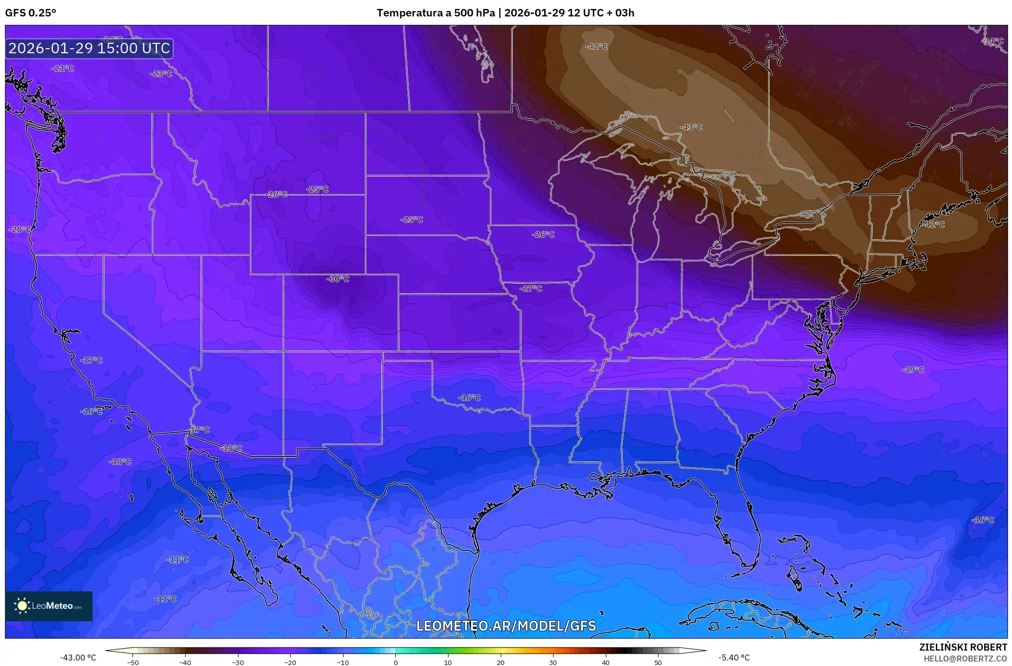 GFS model - Estados Unidos, Temperatura a 500 hPa
