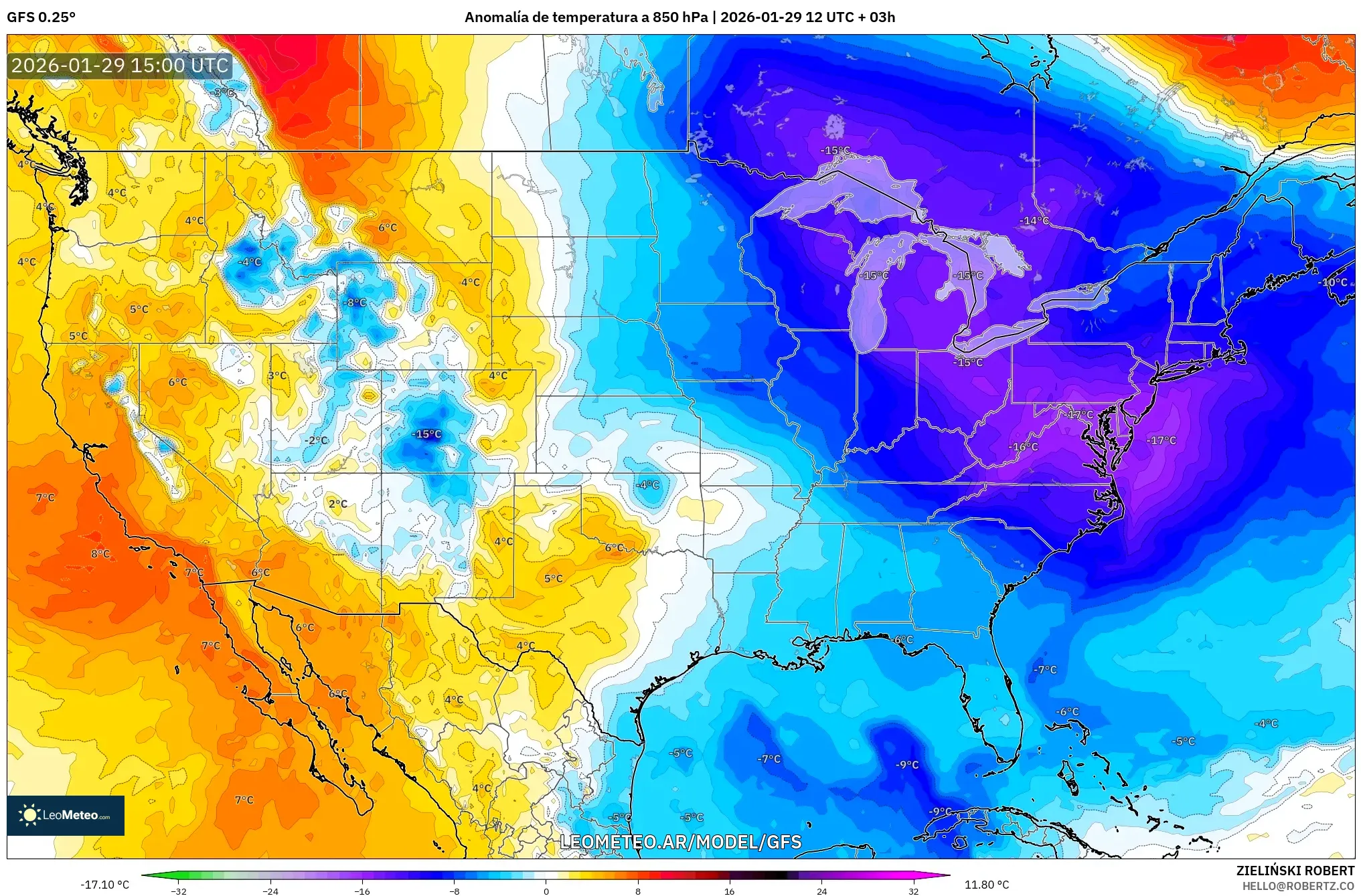 GFS model - Estados Unidos, Anomalia de temperatura a 850 hPa