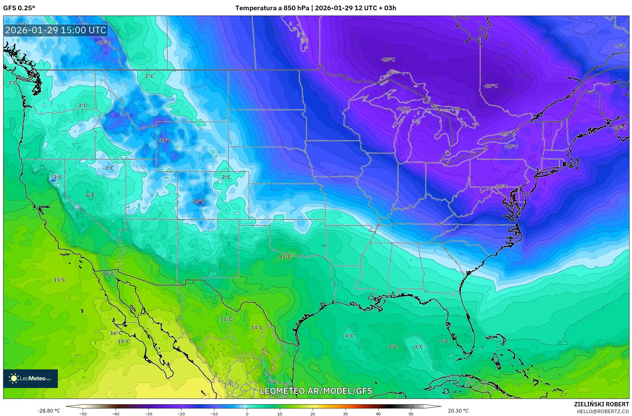 GFS model - Estados Unidos, Temperatura a 850 hPa