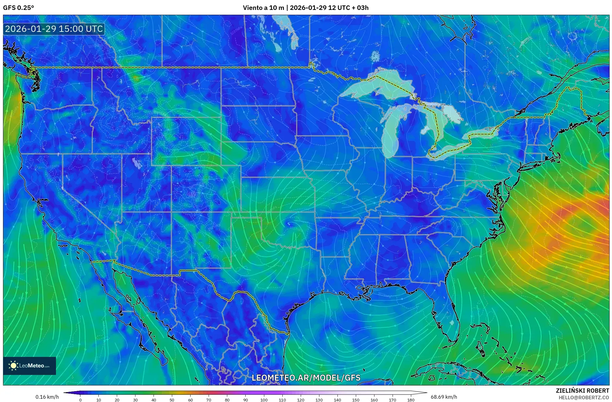 GFS model - Estados Unidos, Vento a 10 m