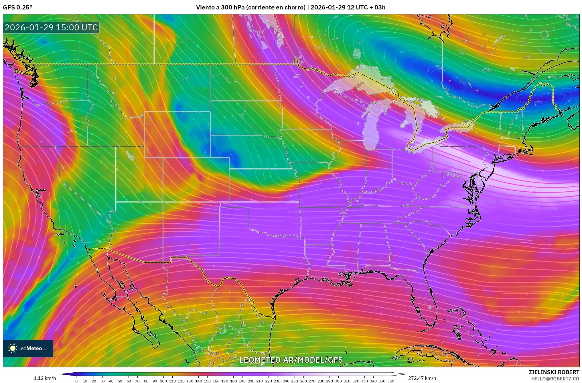 GFS model - Estados Unidos, Vento a 300 hPa (corrente em jato)