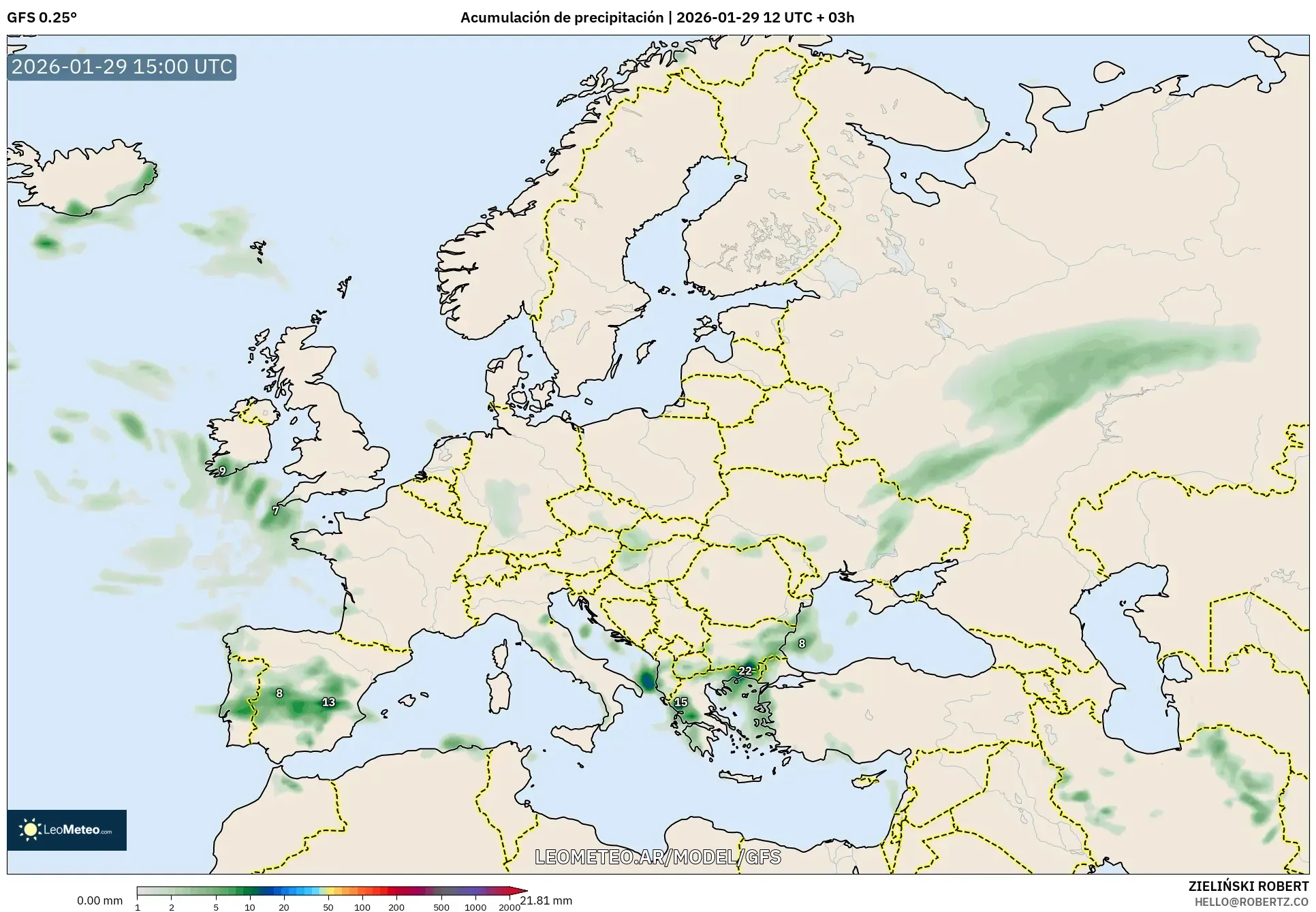 GFS model - Europa, Acúmulo de precipitação
