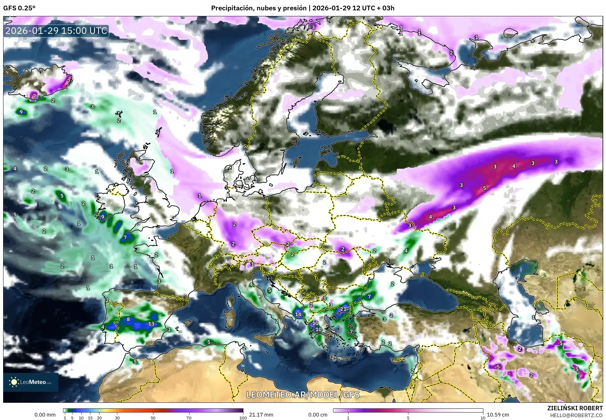 GFS model - Europa, Precipitação, nuvens e pressão