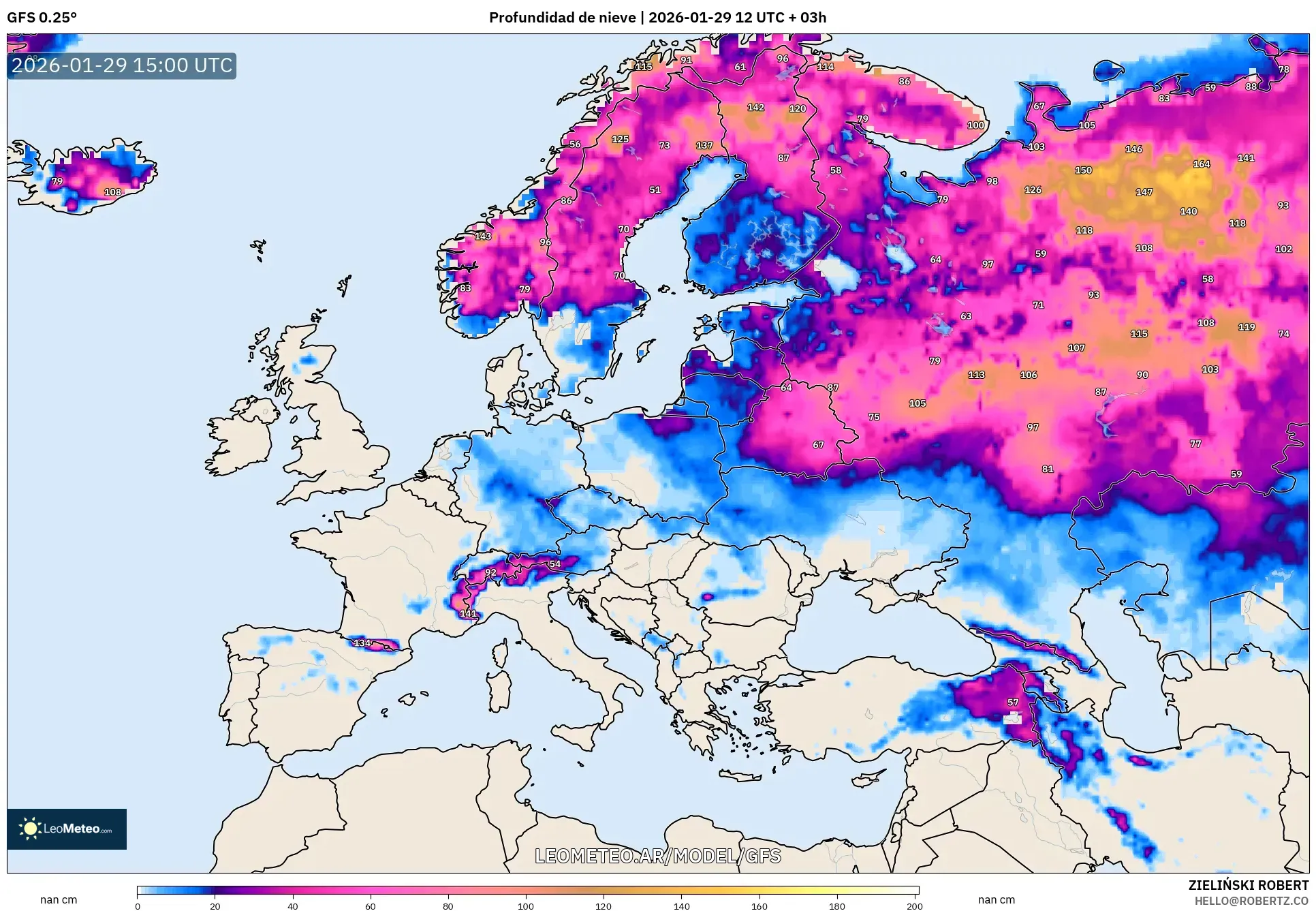 GFS model - Europa, Profundidade da neve