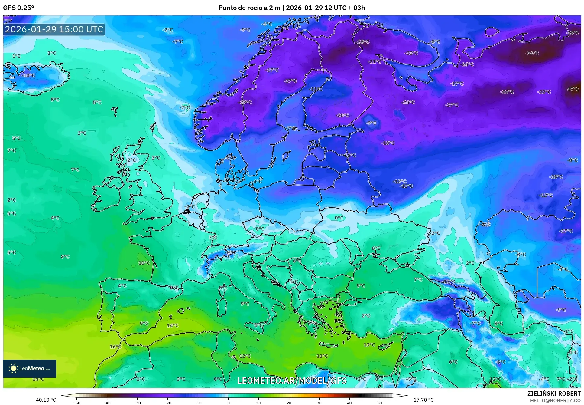 GFS model - Europa, Ponto de orvalho a 2 m