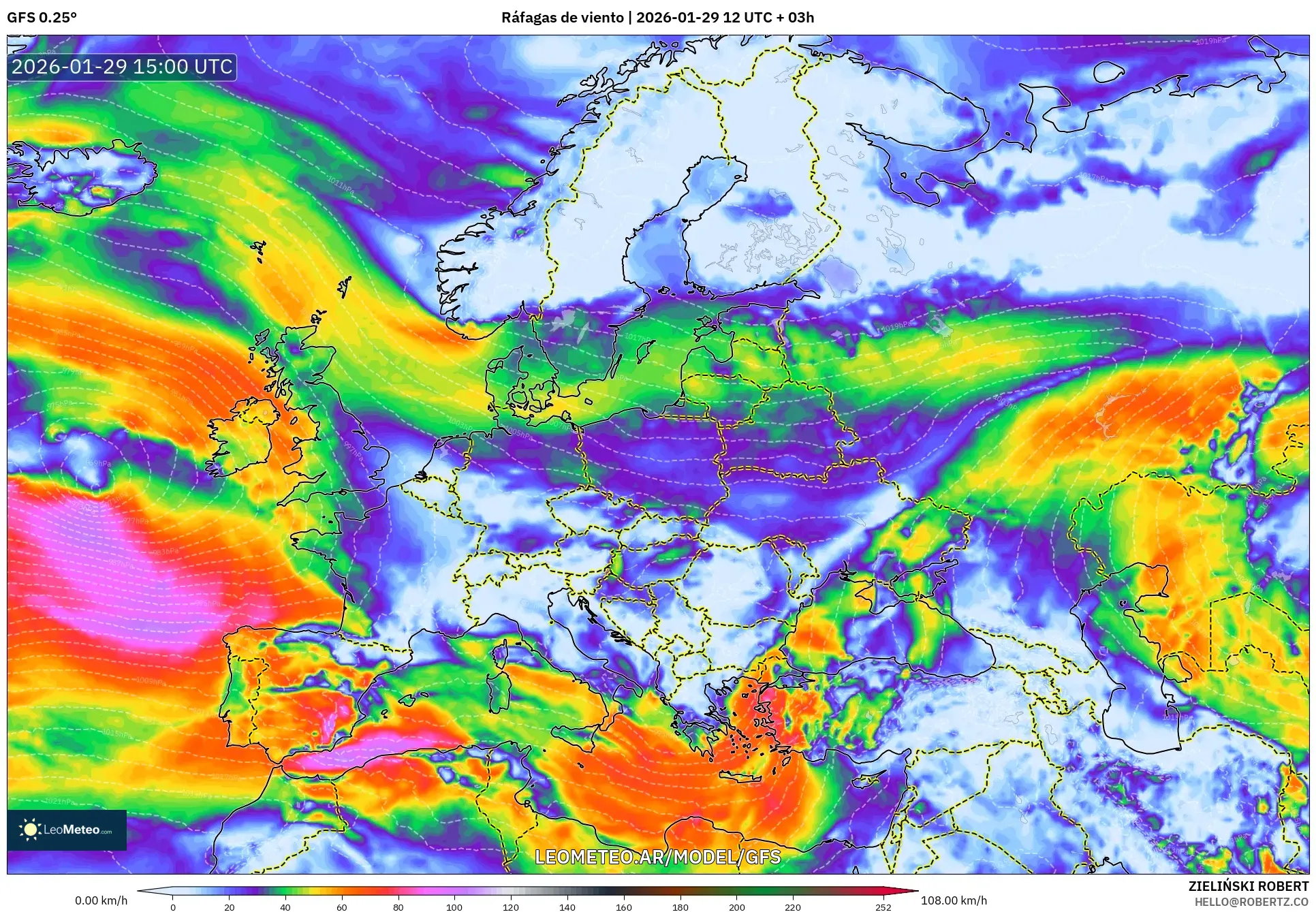 GFS model - Europa, Rajadas de vento
