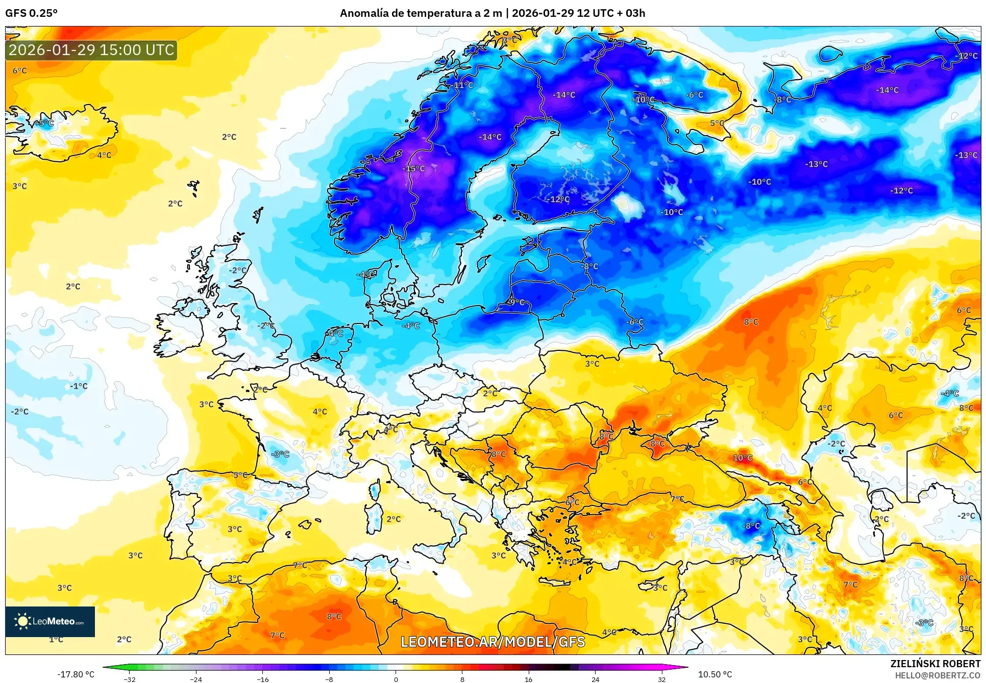 GFS model - Europa, Anomalia de temperatura a 2 m