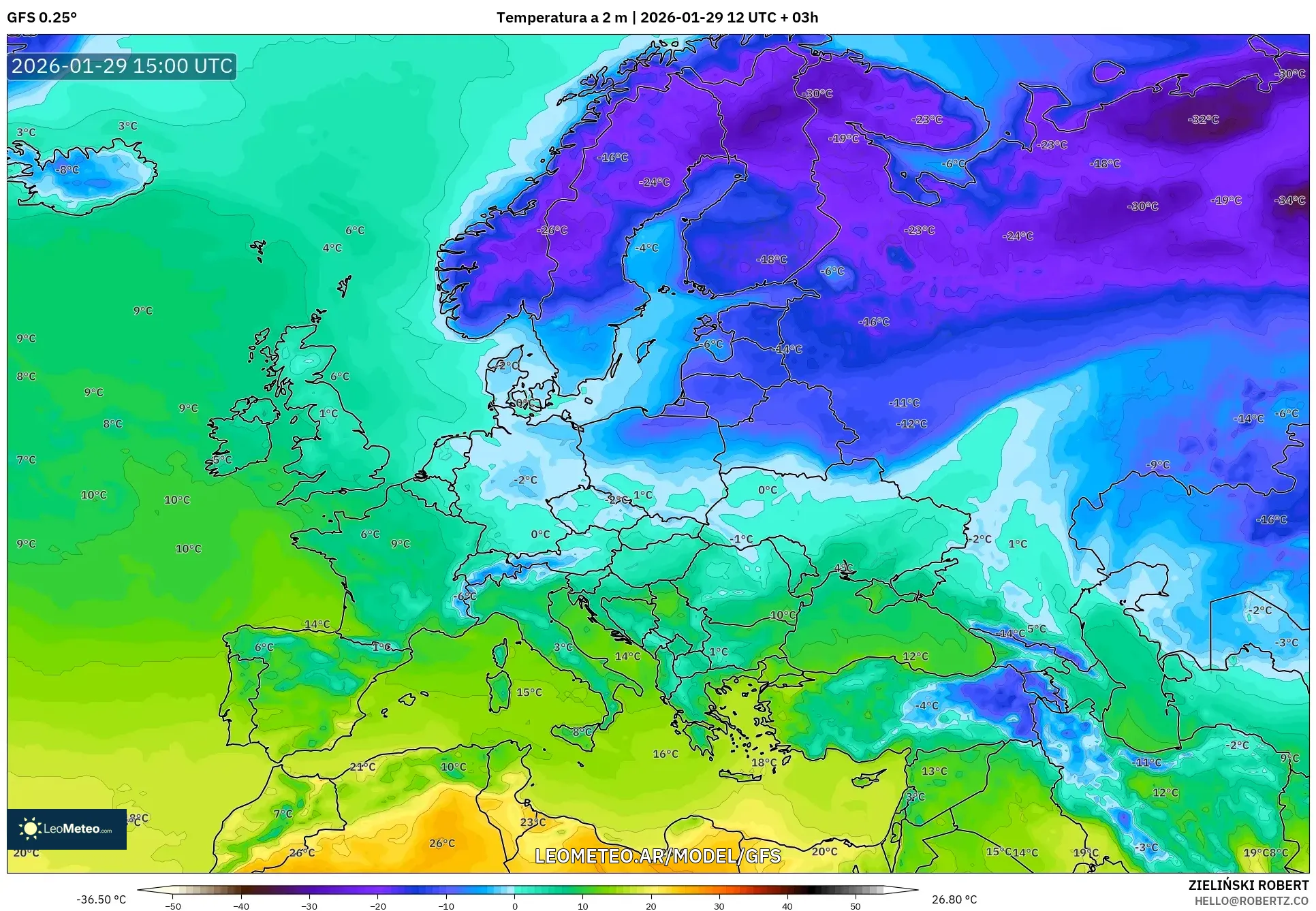 GFS model - Europa, Temperatura a 2 m