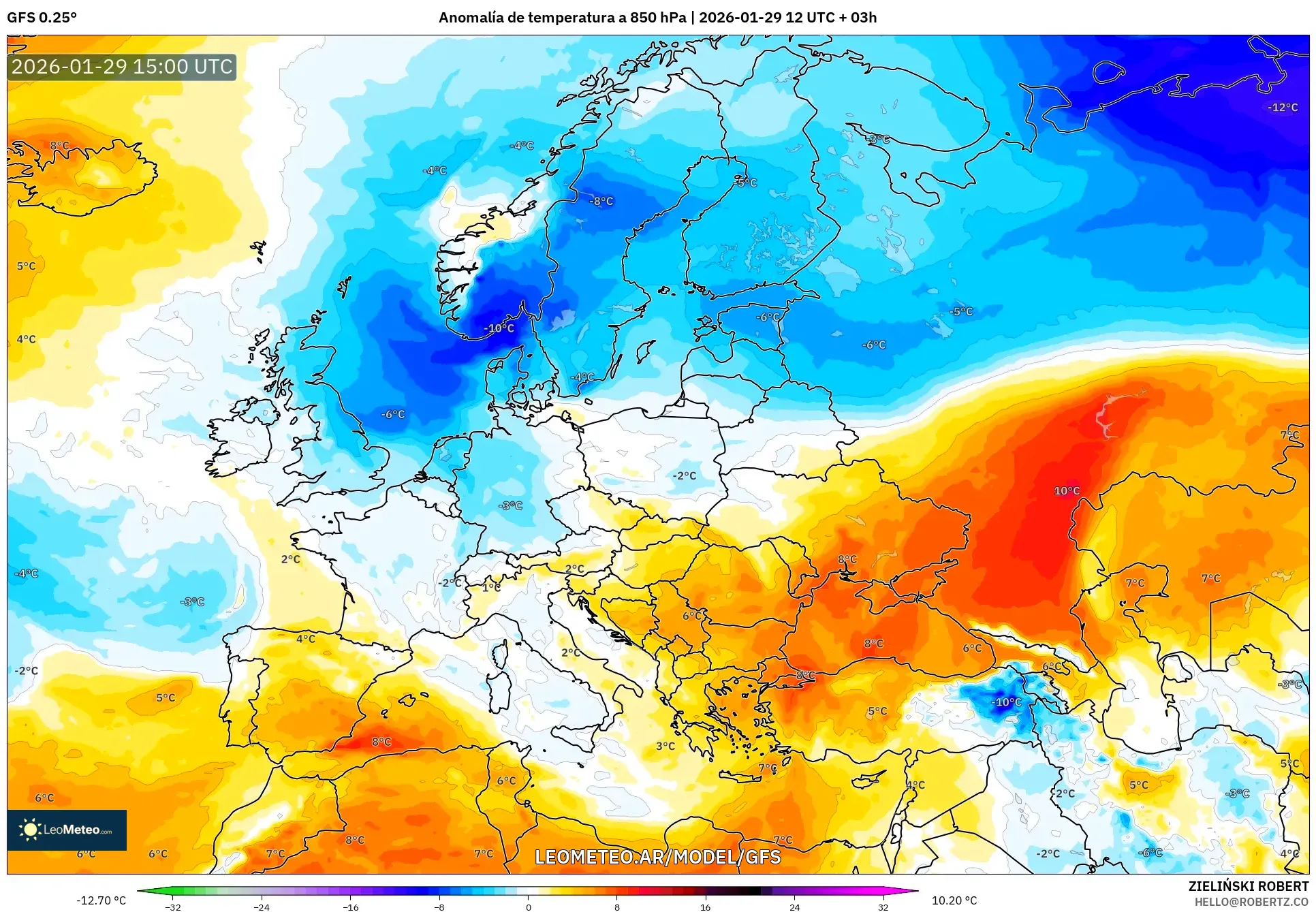 GFS model - Europa, Anomalia de temperatura a 850 hPa