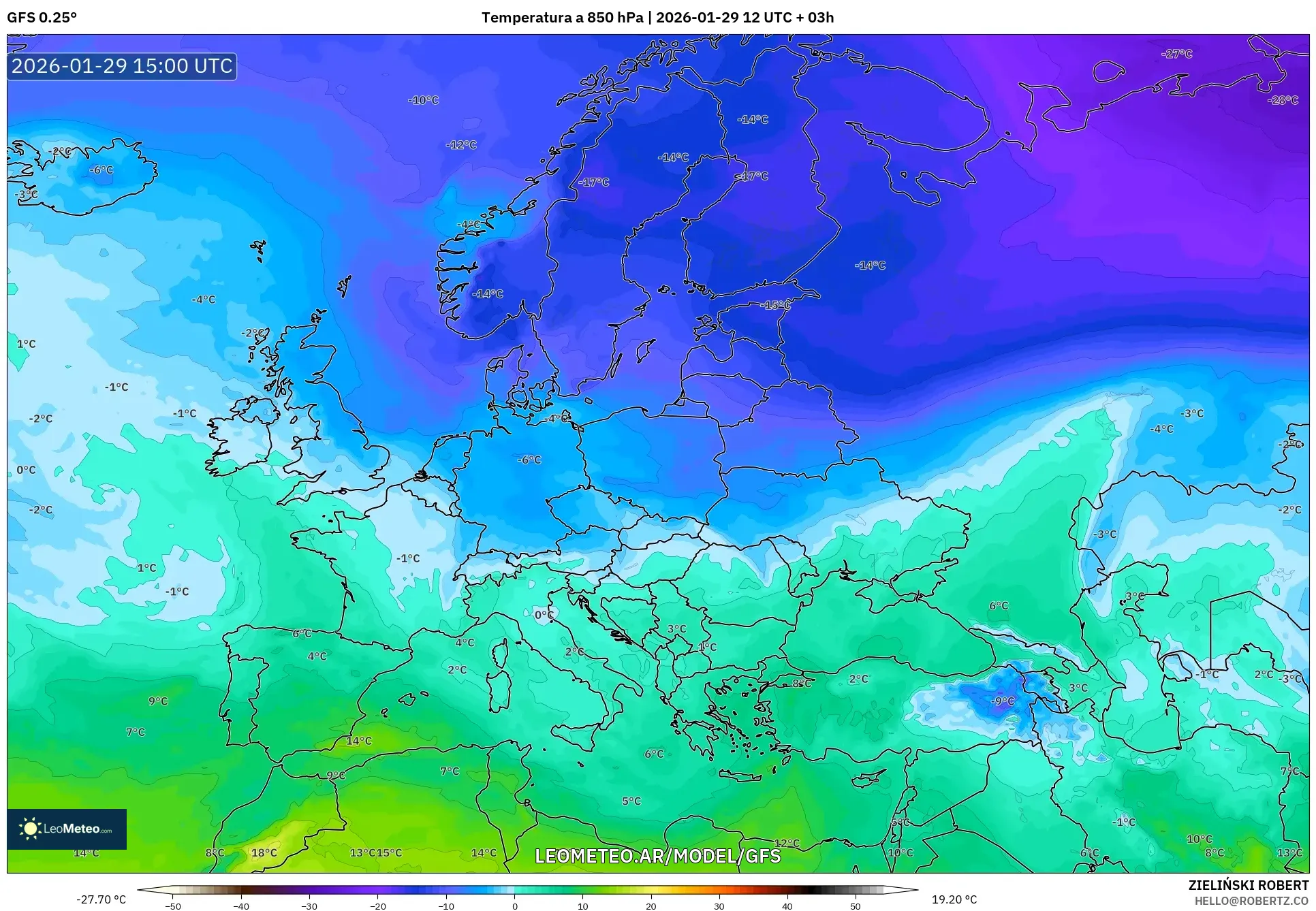 GFS model - Europa, Temperatura a 850 hPa