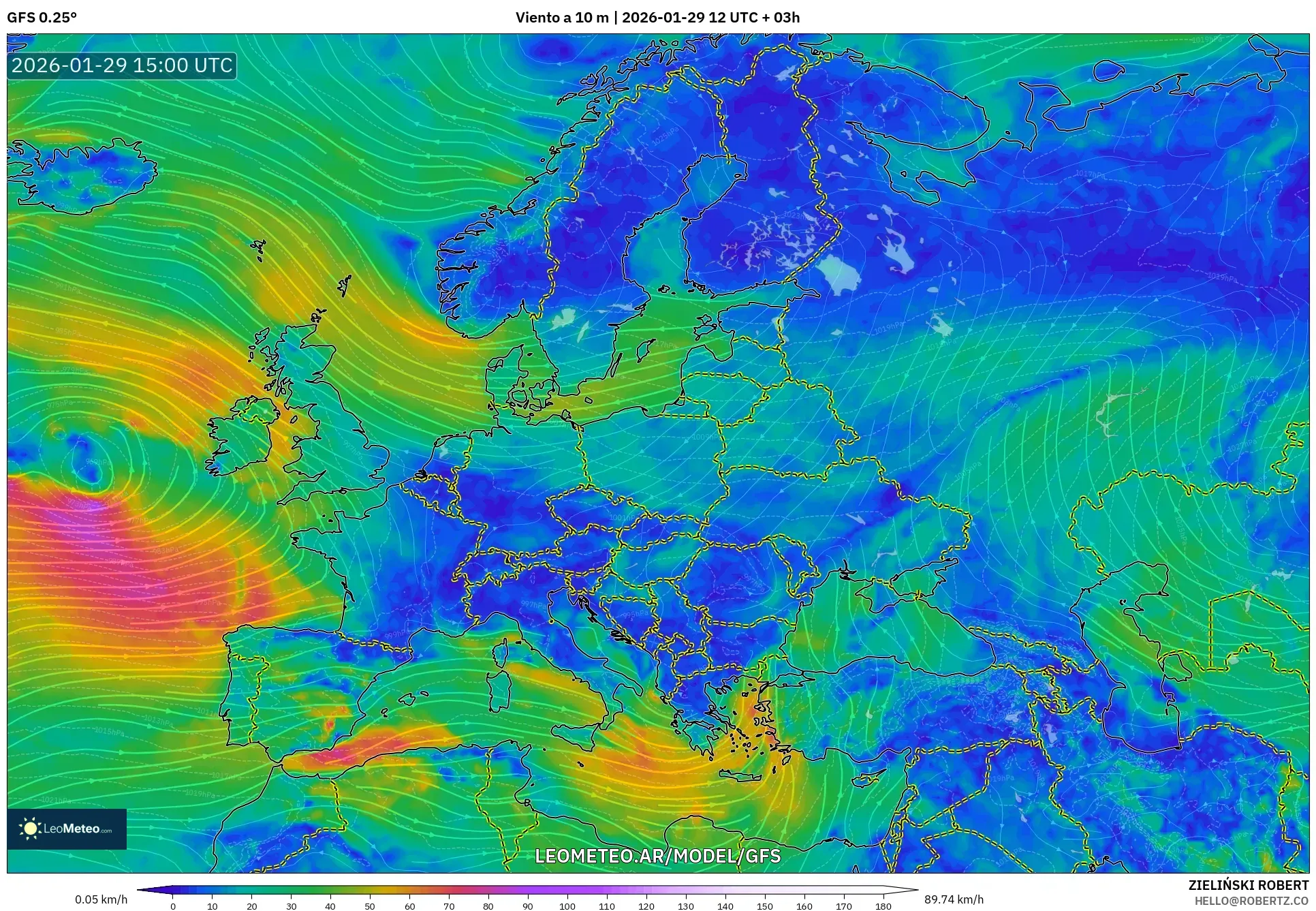 GFS model - Europa, Vento a 10 m