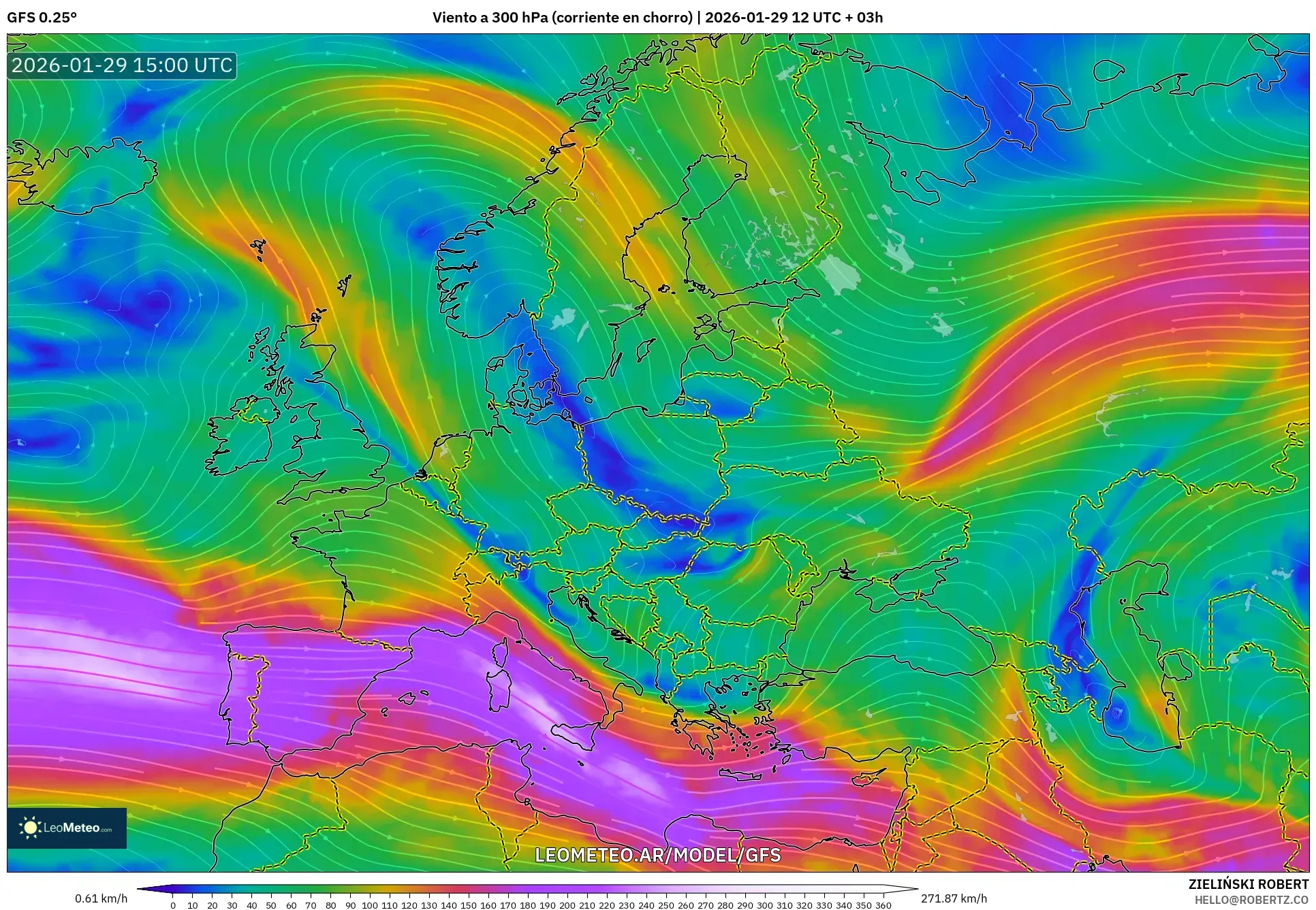 GFS model - Europa, Vento a 300 hPa (corrente em jato)