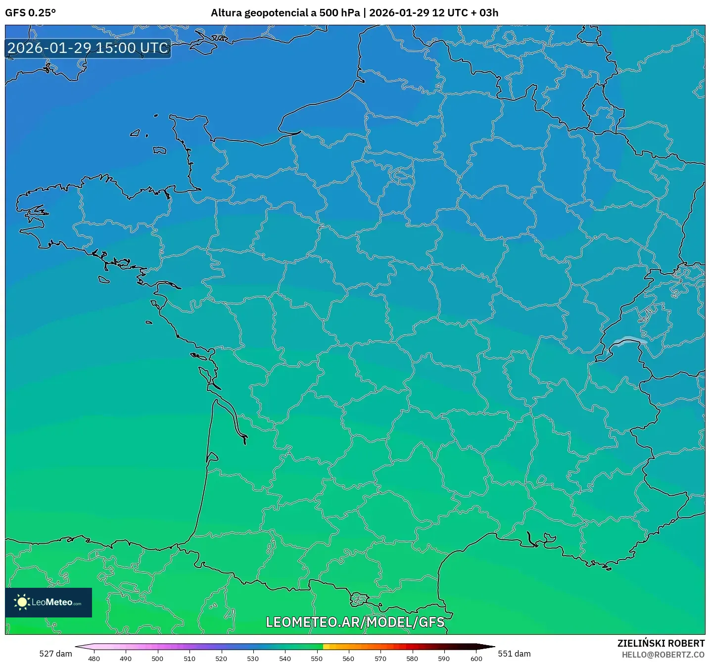 GFS model - França, Altura geopotencial a 500 hPa