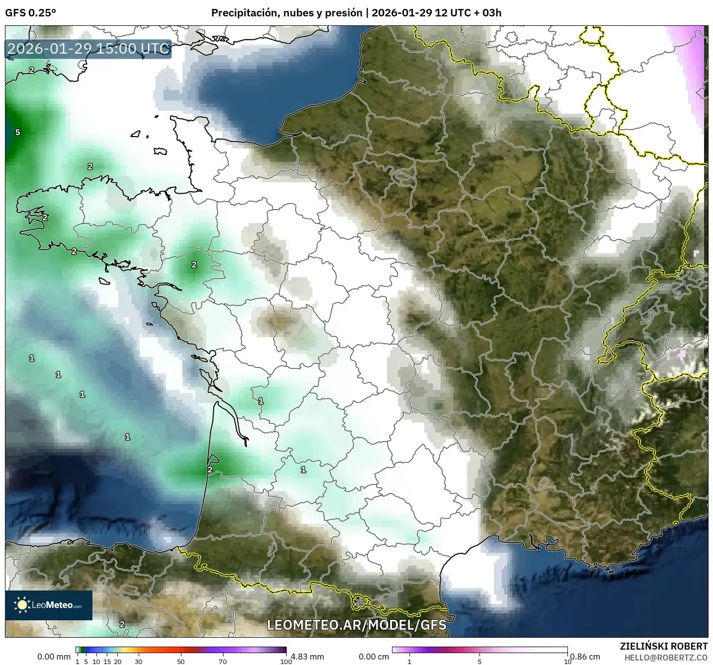 GFS model - França, Precipitação, nuvens e pressão