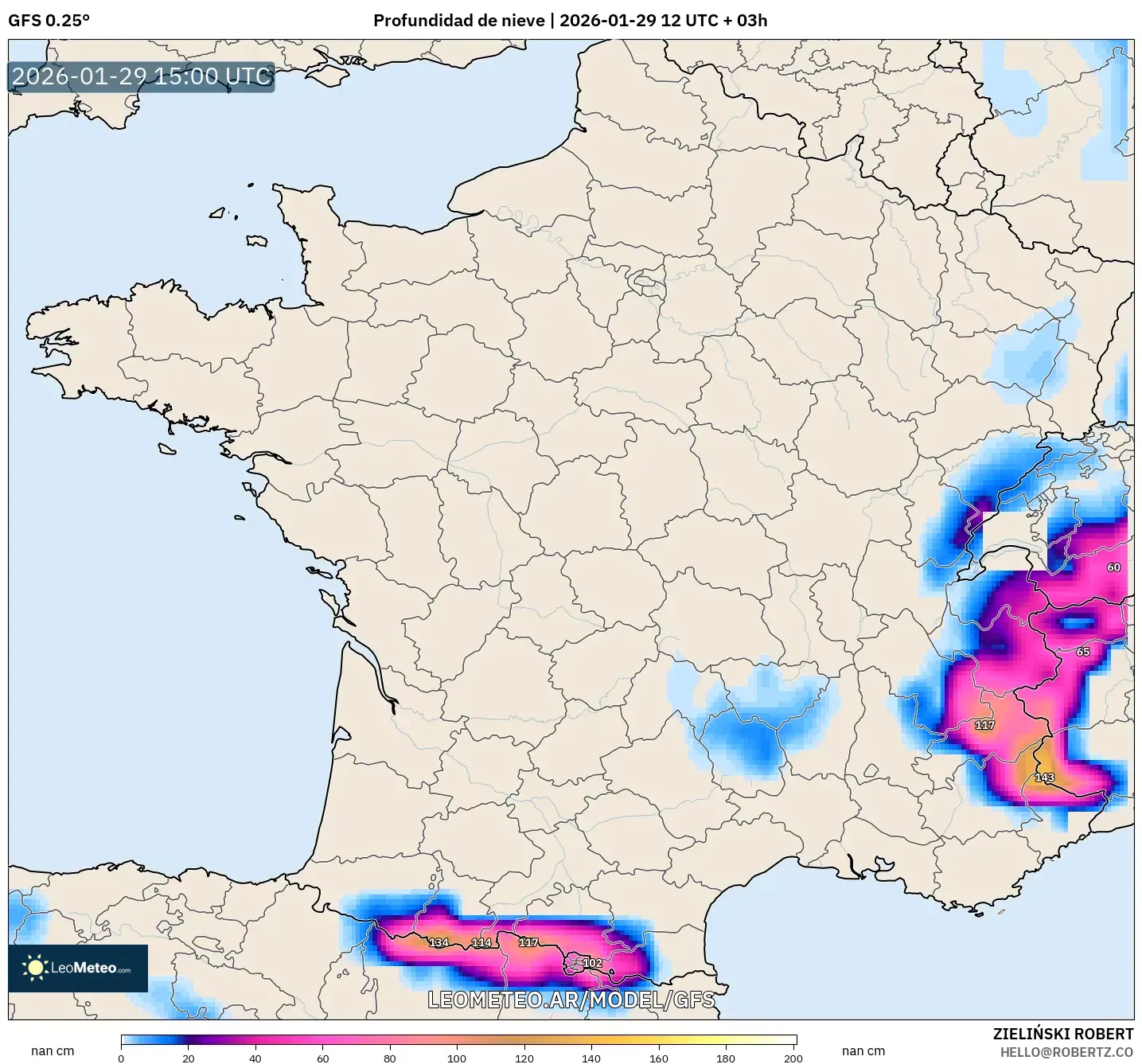 GFS model - França, Profundidade da neve