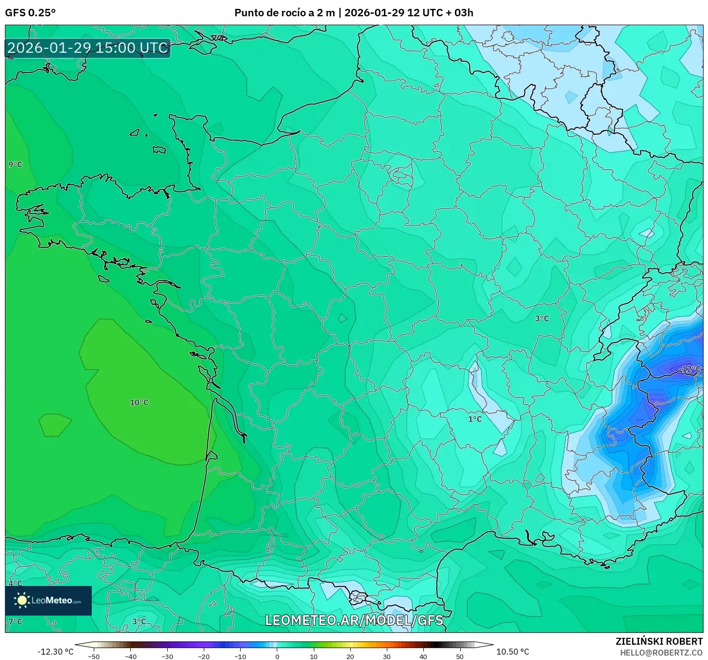 GFS model - França, Ponto de orvalho a 2 m