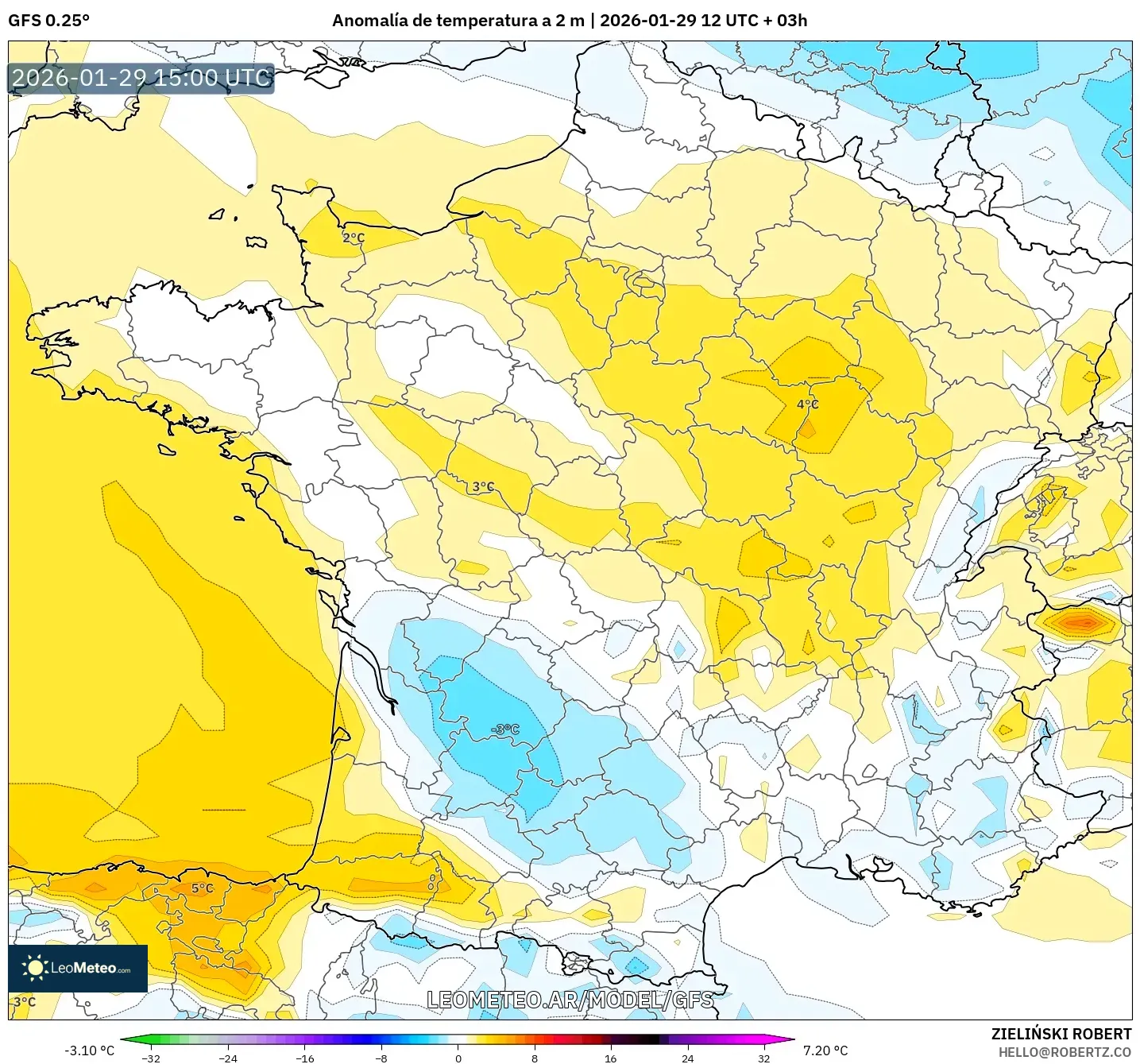 GFS model - França, Anomalia de temperatura a 2 m