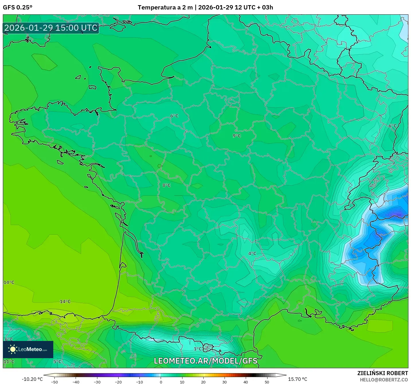 GFS model - França, Temperatura a 2 m