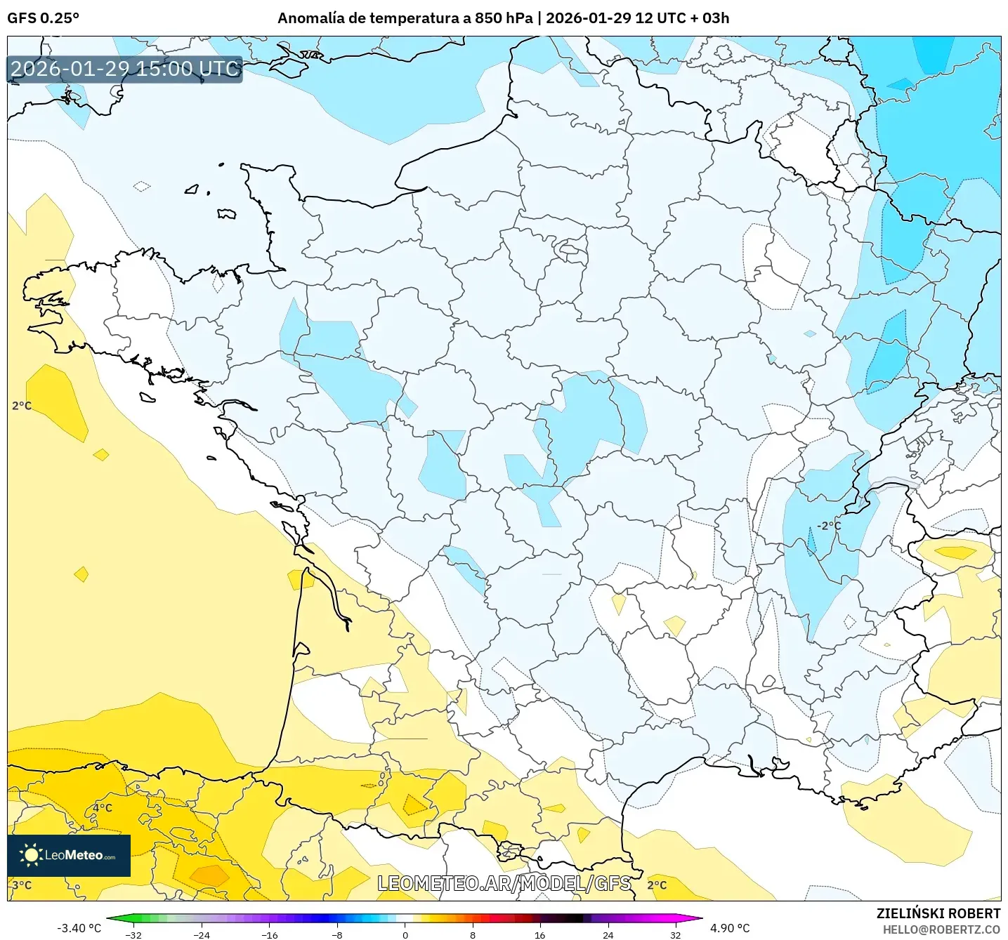 GFS model - França, Anomalia de temperatura a 850 hPa