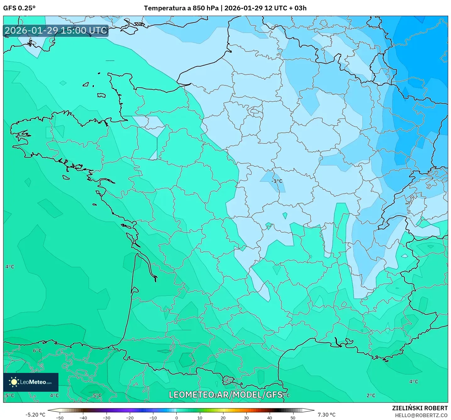 GFS model - França, Temperatura a 850 hPa