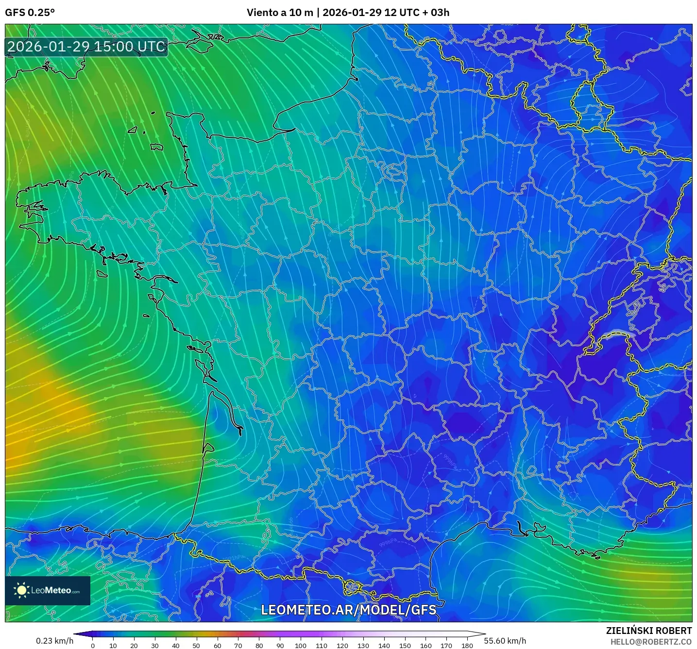 GFS model - França, Vento a 10 m