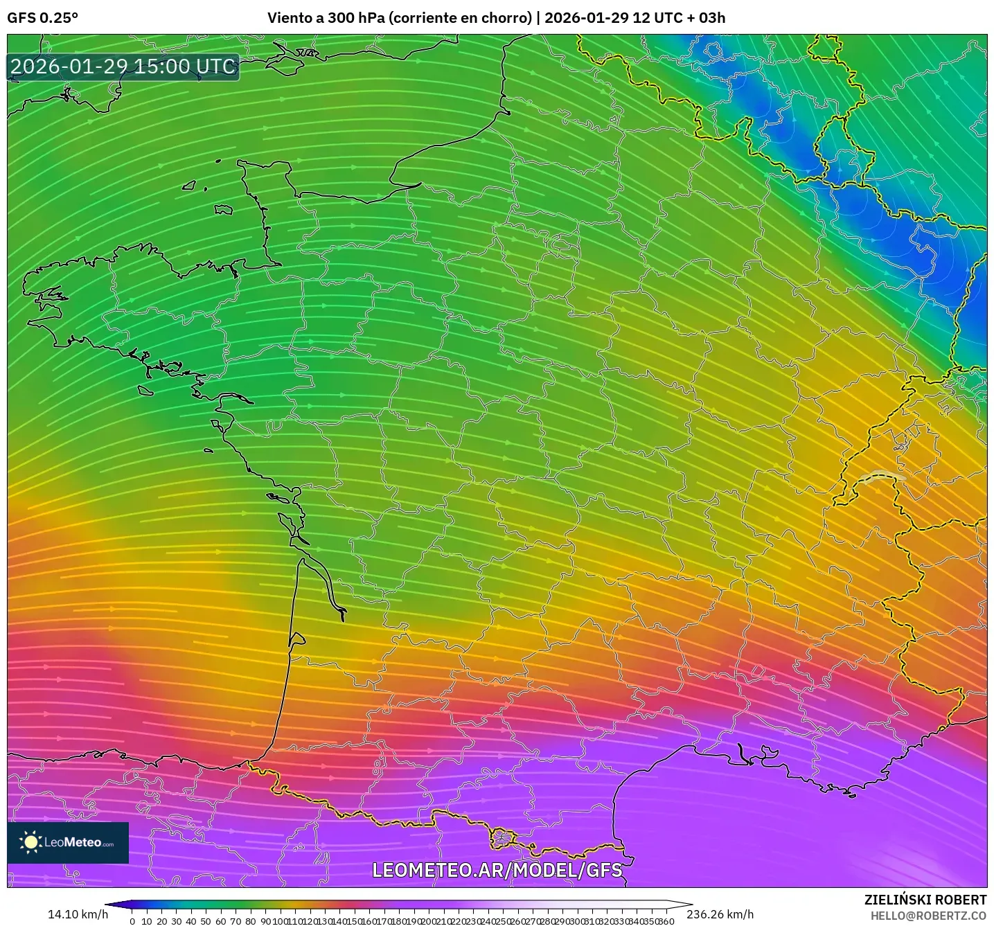 GFS model - França, Vento a 300 hPa (corrente em jato)